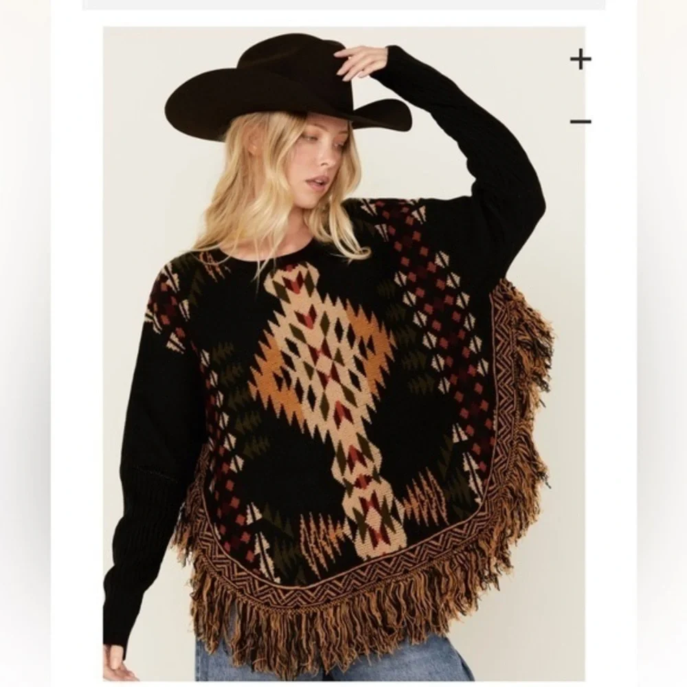 Cotton & Rye Outfitters Poncho Sweater Black Southwest Aztec Cape Sz L Fringe - Picture 1 of 10